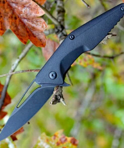 Brous Blades Division Linerlock, 4.5" Acid Stonewash Plain Blade, Black Polymer Handle