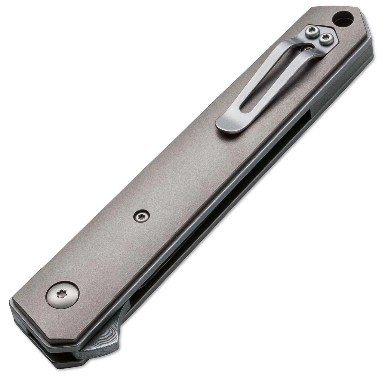 Boker Plus Kwaiken Damascus Flipper 01BO297, 3.5" Damasteel Gray Plain Blade, Gray Titanium Handle 2 Boker Plus Kwaiken Damascus Flipper 01BO297, 3.5" Damasteel Gray Plain Blade, Gray Titanium Handle - Image 2
