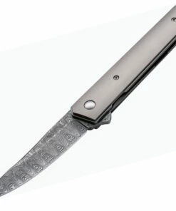 Boker Plus Kwaiken Damascus Flipper 01BO297, 3.5" Damasteel Gray Plain Blade, Gray Titanium Handle