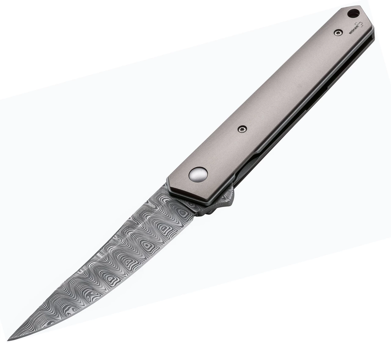 Boker Plus Kwaiken Damascus Flipper 01BO297, 3.5" Damasteel Gray Plain Blade, Gray Titanium Handle 1 Boker Plus Kwaiken Damascus Flipper 01BO297, 3.5" Damasteel Gray Plain Blade, Gray Titanium Handle