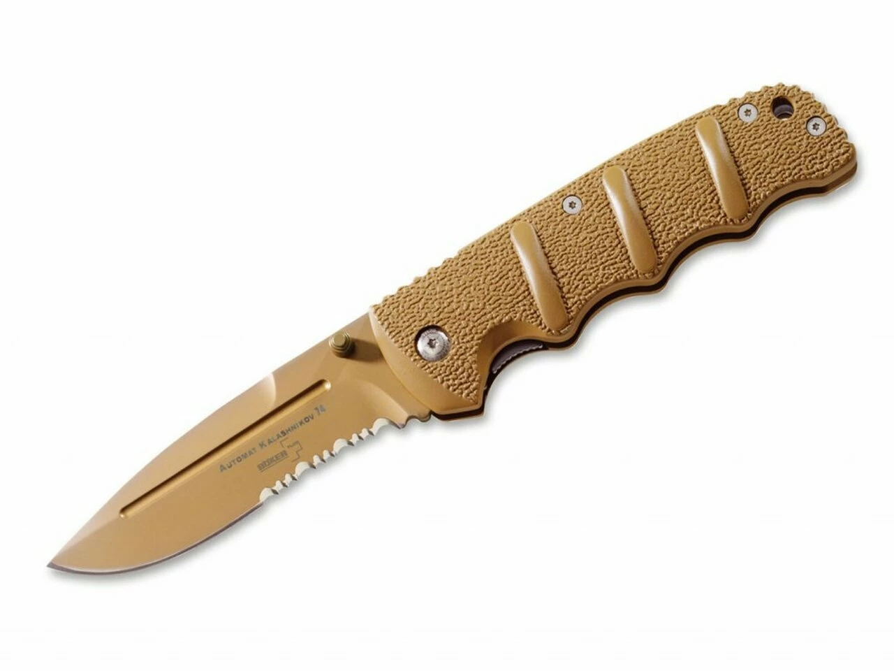 Boker Plus 01KAL74DES Kalashnikov, 3.5" AUS-8 Tan Combo Blade, Tan Aluminum Handle 1 Boker Plus 01KAL74DES Kalashnikov, 3.5" AUS-8 Tan Combo Blade, Tan Aluminum Handle