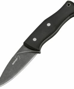Boker Plus 02BO065 Farkas Bushcraft, 3.8" Stonewash D2 Plain Blade, Black Micarta Handle
