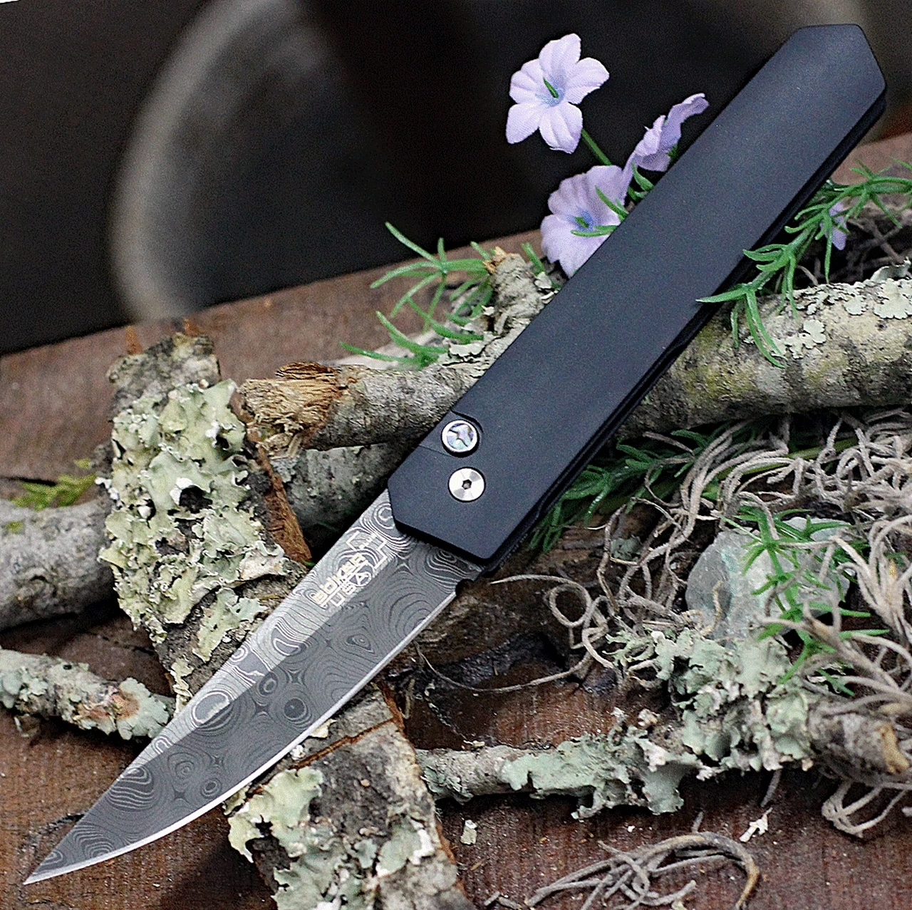 Boker Plus Kwaiken Automatic Damascus Knife 06EX293DAM, 3.0" Damascus Plain Blade, Black Aluminum Handle 1 Boker Plus Kwaiken Automatic Damascus Knife 06EX293DAM, 3.0" Damascus Plain Blade, Black Aluminum Handle