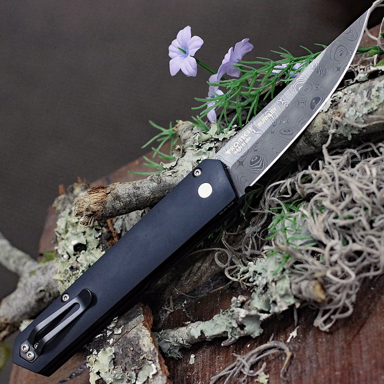 Boker Plus Kwaiken Automatic Damascus Knife 06EX293DAM, 3.0" Damascus Plain Blade, Black Aluminum Handle 2 Boker Plus Kwaiken Automatic Damascus Knife 06EX293DAM, 3.0" Damascus Plain Blade, Black Aluminum Handle - Image 2