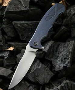 We Knife Co. We Knife Kellen Bogardus 37 Framelock Folder 910B, 4.07” Bohler M390 Bead Blast Drop Point Plain Blade, Blue Titanium Handle