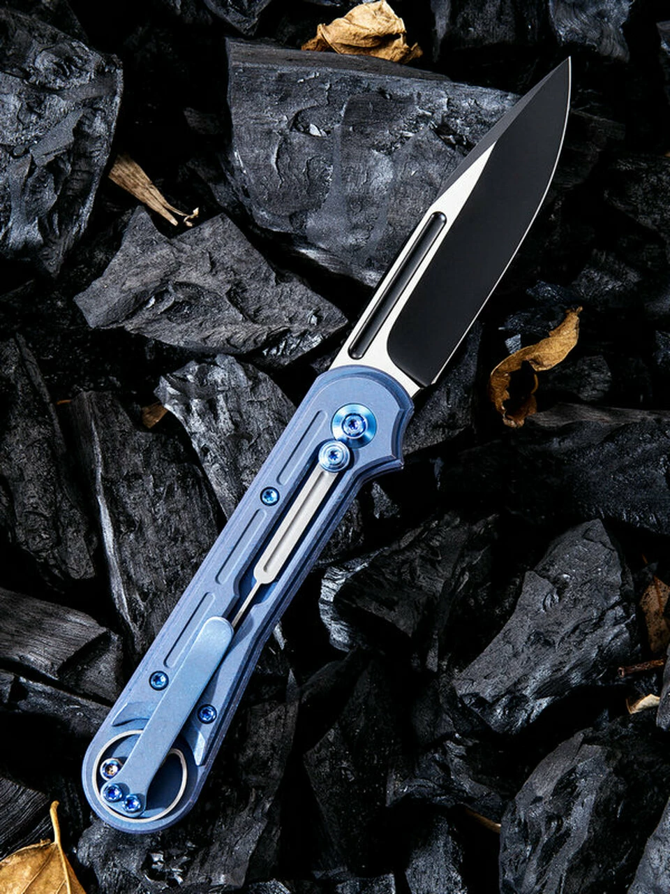 We Knife Co. We Knife Double Helix Folder 815C, 3.3" CPM S35VN Black Two-Tone Drop Point Plain Blade, Blue Titanium Handle 2 We Knife Co. We Knife Double Helix Folder 815C, 3.3" CPM S35VN Black Two-Tone Drop Point Plain Blade, Blue Titanium Handle - Image 2