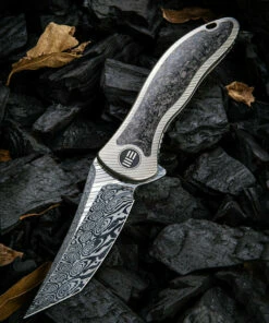 We Knife Co. We Knife Synergy 2 Framelock Folder 912CFDS2, 3.49" Heimskringla Damasteel Tanto Plain Blade, 6AL4V Titanium with Shredded Carbon Fiber Inlay Handle