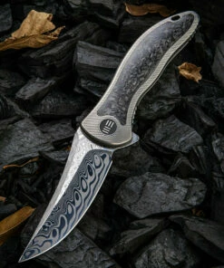 We Knife Co. We Knife Synergy 2 Framelock Folder 912CFDS1, 3.49" Heimskringla Damasteel Tanto Plain Blade, 6AL4V Titanium with Shredded Carbon Fiber Inlay Handle