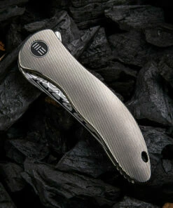 We Knife Co. We Knife Synergy 2 Framelock Folder 912DS1, 3.49" Heimskringla Damasteel Trailing Point Plain Blade, 6AL4V Titanium Satin Polished Grooved Handle -Buck Knives Sales 1575253993338711 79298.1582054593