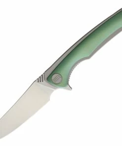 We Knife Co. We Knife Model 704 Linerlock Folder 704C, 3.6” Bohler M390 Stonewashed Trailing Point Plain Blade, Green Anodized Textured Titanium Over Titanium Handle