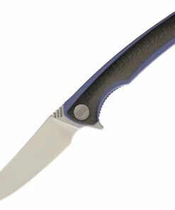 We Knife Co. We Knife Model 704 Linerlock Folder 704CFB, 3.6” Bohler M390 Satin Trailing Point Plain Blade, Black Carbon Fiber Over Blue Titanium Handle