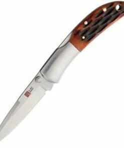 Al Mar Hawk Lockback Honey Jigged Bone 7002, 2.5" AUS-8, Plain Blade, Honey Jig Bone Handle, Leather Slip Pouch Sheath