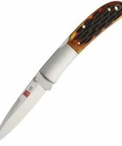 Al Mar Falcon Lockback Honey Jigged Bone 7004 , 3.15" AUS-8, Plain Blade, Honey Jig Bone Handle, Leather Slip Pouch Sheath