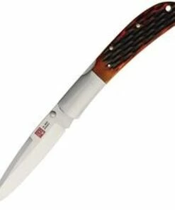 Al Mar Eagle Lockback Honey Jigged Bone 7006 , 4" AUS-8, Plain Blade, Honey Jig Bone Handle, Leather Slip Pouch Sheath