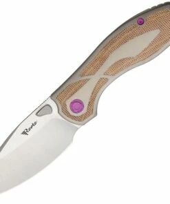 Reate Knives Iron Thumb Stud Folding Knife , 3.25" M390 Satin Spear Point Blade, Titanium Handle with Brown Micarta Inlay, Purple Anodized Hardware