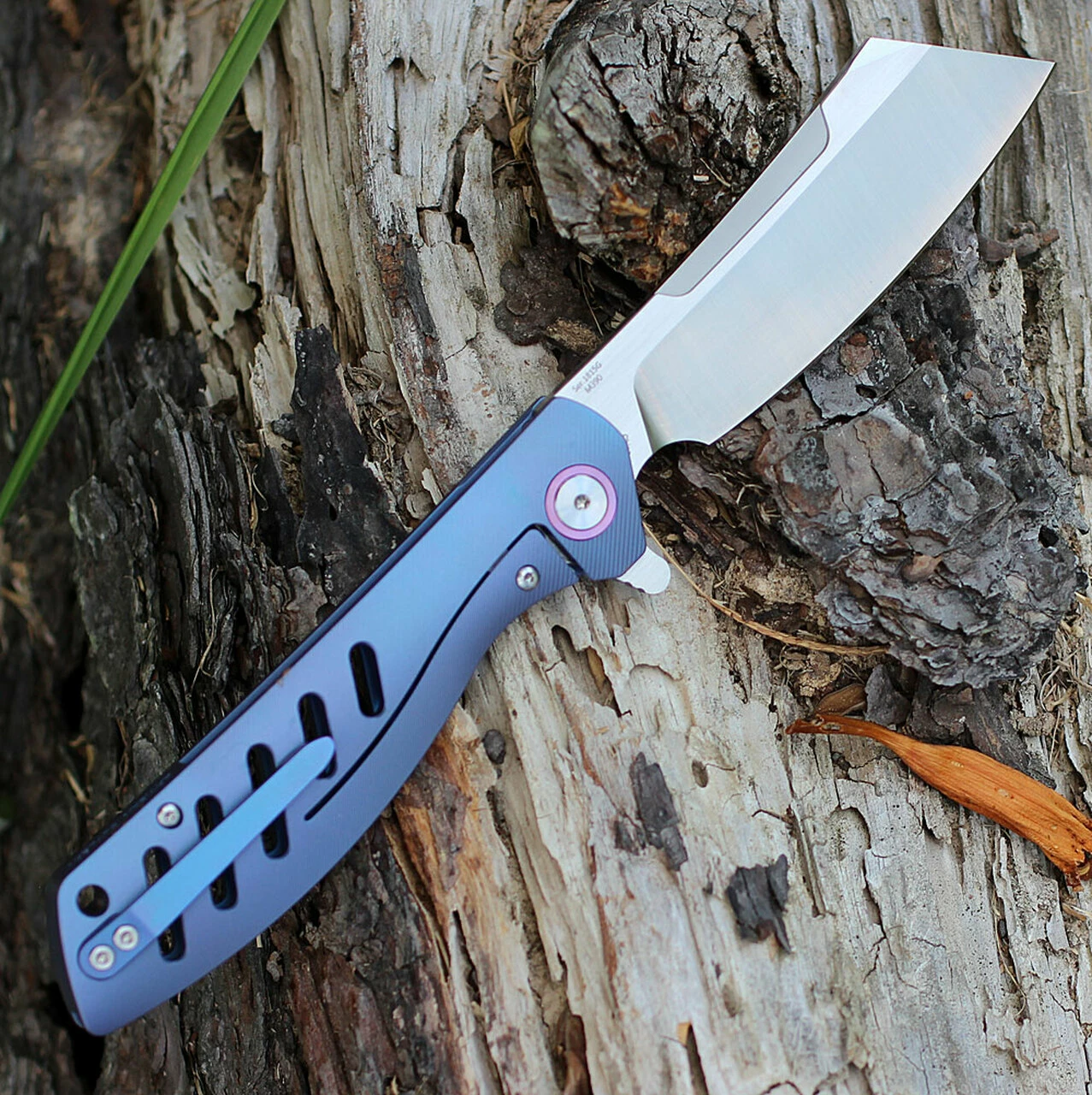 Artisan Cutlery Artisan Tomahawk ATZ1815GBUM, 3.75" M390 Plain Blade, Blue Titanium Handle 2 Artisan Cutlery Artisan Tomahawk ATZ1815GBUM, 3.75" M390 Plain Blade, Blue Titanium Handle - Image 2