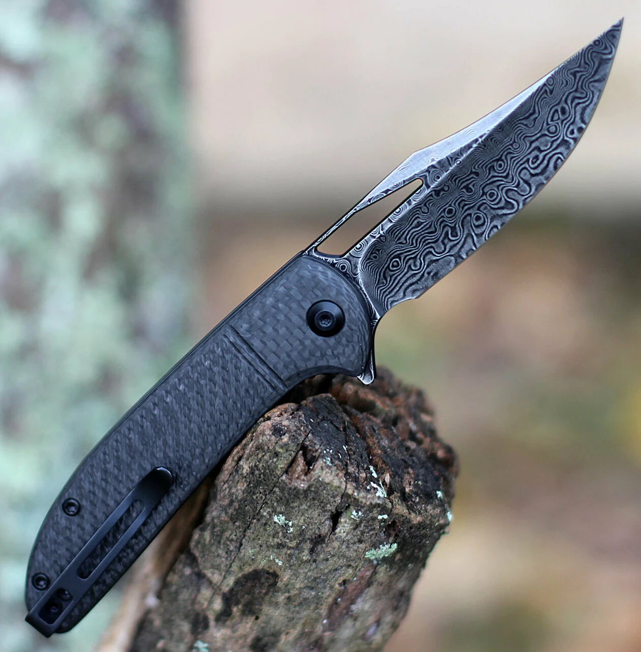 CIVIVI Knives CIVIVI Ortis C2013DS-1, 3.25" Black Damascus Clip Point Plain Blade, Black Twill Carbon Fiber Handles 2 CIVIVI Knives CIVIVI Ortis C2013DS-1, 3.25" Black Damascus Clip Point Plain Blade, Black Twill Carbon Fiber Handles - Image 2