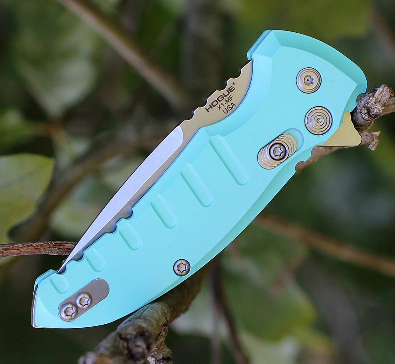 Hogue 24173 X1 Micro Button Lock, 2.75" CPM-154 Plain Blade, Matte Aquamarine Aluminum Handle 4 Hogue 24173 X1 Micro Button Lock, 2.75" CPM-154 Plain Blade, Matte Aquamarine Aluminum Handle - Image 4