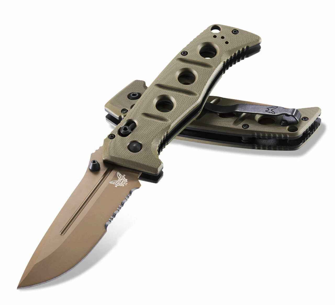 Benchmade Knives Benchmade 275SFE-2 ADAMAS, 3.82" Flat Earth Cerakote CPM-CruWear Part Serrated Blade, Olive Drab G-10 Handle 1 Benchmade Knives Benchmade 275SFE-2 ADAMAS, 3.82" Flat Earth Cerakote CPM-CruWear Part Serrated Blade, Olive Drab G-10 Handle