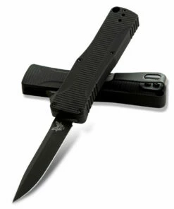 Benchmade Knives Benchmade 4850BK-1 OM OTF, 2.475" CPM-S30V Black DLC Plain Blade, Black Aluminum Handle