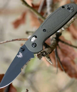 Benchmade Knives Benchmade Mini Griptilian 556SBKOD-S30V, 2.91" S30V Black Drop Point Combo Blade, OD Green Noryl GTX Handle