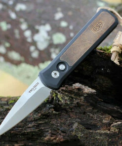 Pro-Tech Godson Automatic - Blk Alum / Leather Inlay (3.15" Satin) Greg Stevens Design 7GSD-7