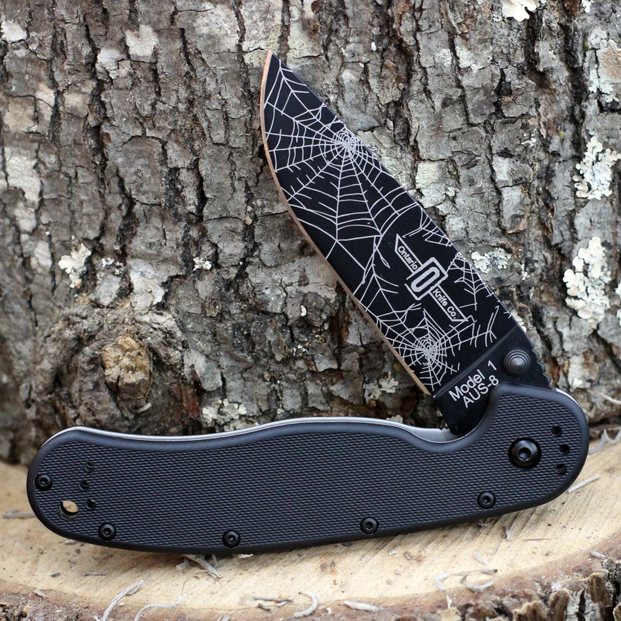 Ontario Rat Folder, Black Blade w/ Spider Web Design, Black Handle, PlainEdge 3 Ontario Rat Folder, Black Blade w/ Spider Web Design, Black Handle, PlainEdge - Image 3