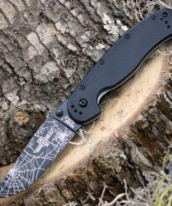 Ontario Rat Folder, Black Blade w/ Spider Web Design, Black Handle, PlainEdge