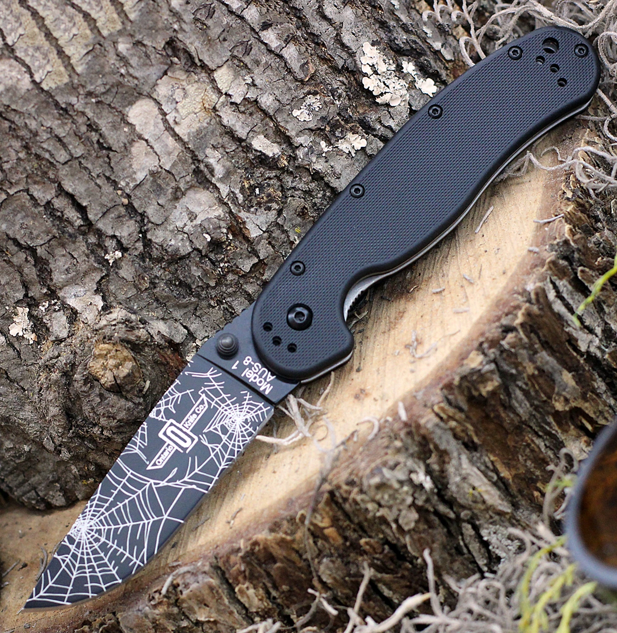 Ontario Rat Folder, Black Blade w/ Spider Web Design, Black Handle, PlainEdge 1 Ontario Rat Folder, Black Blade w/ Spider Web Design, Black Handle, PlainEdge