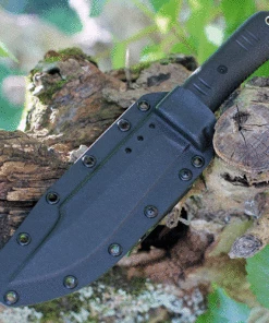 Bastinelli Creations Montana Serrated Fixed Blade BAS225S, 6.5" N690 Black Plain Blade, Black Kraton Handle, Black Kydex Sheath -Buck Knives Sales BA225S.3 85754.1623944701