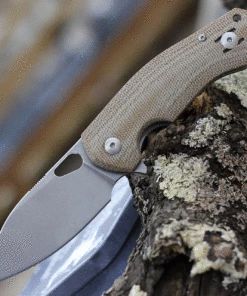 GiantMouse ACE Biblio Flipper, 2.875" M390 Stonewashed Plain Blade, Natural Canvas Micarta Handle