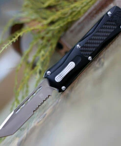 CobraTec Knives BLKKCTS Black King Cobra, 4" D2 Steel Tanto Part Serrated Blade, Anodized Aviation Aluminum w/ Carbon Fiber Inlay