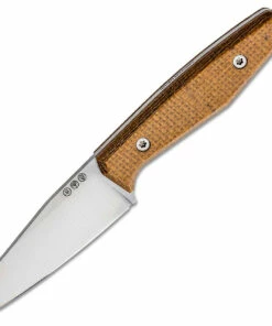Boker AK1 Fixed Blade 123502, 3" RWL-34 Satin Reverse Tanto Blade, Mustard Burlap Micarta Handle, Black Leather Sheath