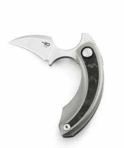 Bestech Knives Strelit BT2103D, 2.19" M390 Satin Reverse Hawkbill Plain Blade, Grey Titanium and Blue Marble Carbon Fiber Handles