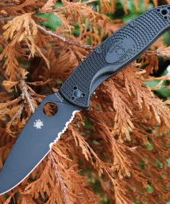 Spyderco Knives Spyderco Resilience Lightweight Black C142PSBBK, 4.20" 8Cr13MoV Black Part Serrated Blade, Black FRN handle