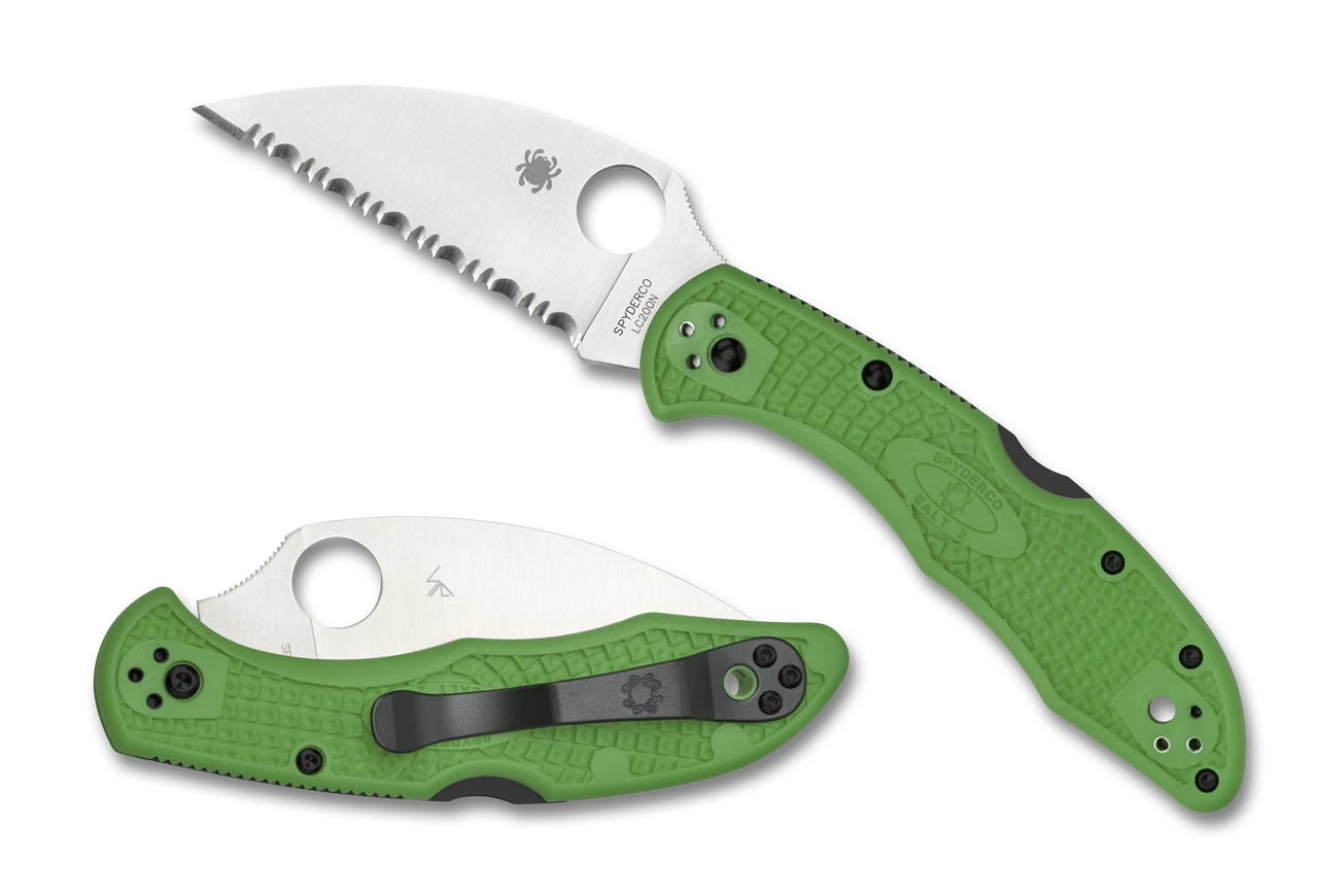 Spyderco Knives Spyderco Salt 2 C88FSWCGR2, 3.00" Satin Warncliffe LC200N Serrated Blade, Green FRN Handle 1 Spyderco Knives Spyderco Salt 2 C88FSWCGR2, 3.00" Satin Warncliffe LC200N Serrated Blade, Green FRN Handle