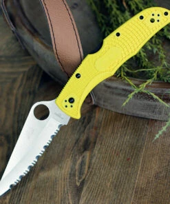 Spyderco Knives Spyderco Pacific Salt 2 C91SYL2, 3.78" H-1 Steel Satin Serrated Blade, Yellow FRN Handle