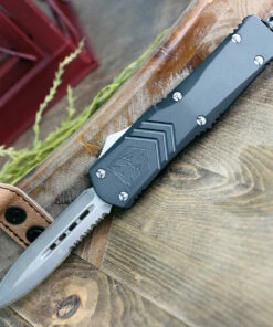 CobraTec Gray FS-X OTF Knife CTKLGRYFS-XLDAG1SS, 3.75" D2 Steel Dagger Serrated Blade, Gray Aluminum Handle