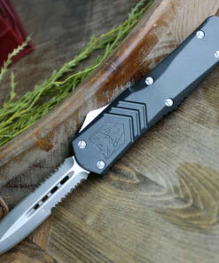 CobraTec Gray FS-X OTF Knife CTKLGRYFS-XLDAG2SS, 3.75" D2 Steel Dagger Double Serrated Blade, Gray Aluminum Handle