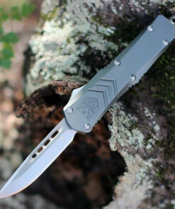 CobraTec Gray FS-X OTF Knife CTKSGRYFS-XSDNS, 2.75" D2 Steel Drop Point Blade, Gray Aluminum Handle