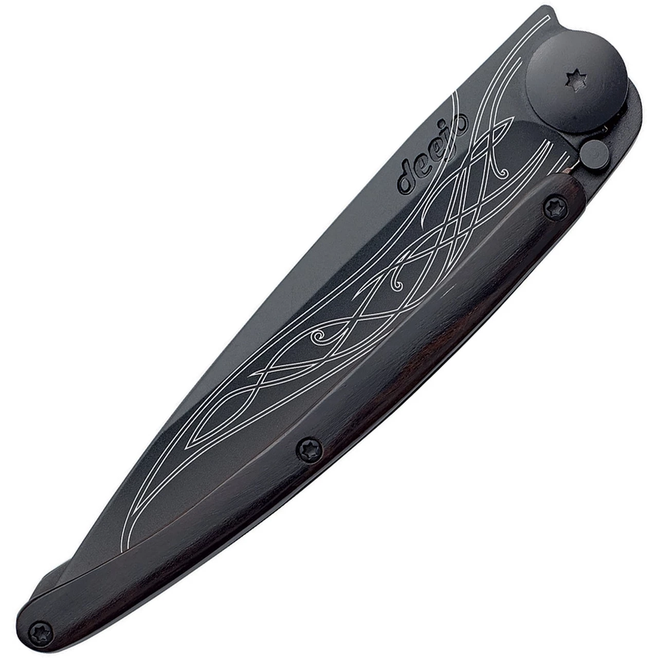 Deejo Knives Deejo 37G Eleven Blade Tattoo, 3.74" Black Titanium Coated Z40C13 SS Blade, Ebony Handle 2 Deejo Knives Deejo 37G Eleven Blade Tattoo, 3.74" Black Titanium Coated Z40C13 SS Blade, Ebony Handle - Image 2