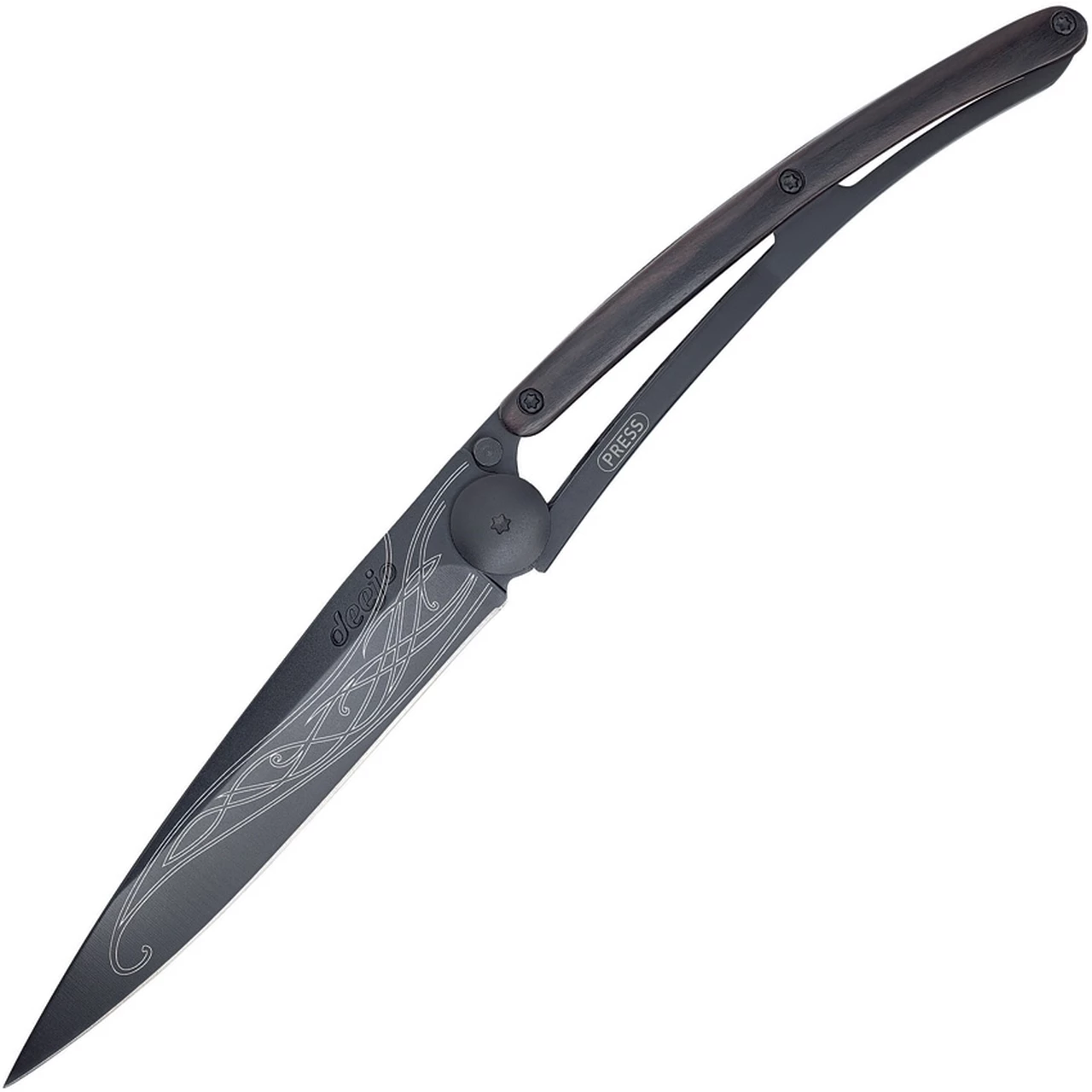 Deejo Knives Deejo 37G Eleven Blade Tattoo, 3.74" Black Titanium Coated Z40C13 SS Blade, Ebony Handle 1 Deejo Knives Deejo 37G Eleven Blade Tattoo, 3.74" Black Titanium Coated Z40C13 SS Blade, Ebony Handle