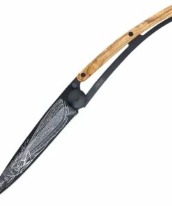 Deejo Knives Deejo 37g Dragonfly DEE1GB154, 3.75" Z40C13 Black Titanium Plain Blade, Olive Wood Handle