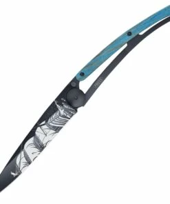 Deejo Knives Deejo 37g Corsair DEE1GB159, 3.75" Z40C13 Black Titanium Plain Blade, Blue Beech Wood Handle