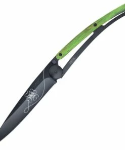 Deejo Knives Deejo 37g Lucky Charm DEE1GB160, 3.75" Z40C13 Black Titanium Plain Blade, Green Beech Wood Handle