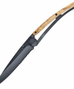 Deejo Knives Deejo 37g DEE1GB501, 3.75" Z40C13 Black Titanium Combo Blade, Olive Wood Handle