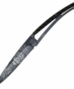 Deejo Knives Deejo 37g Tattoo Lion DEE1GC106, 3.75" Z40C13 Black Titanium Plain Blade, Carbon Fiber Handle