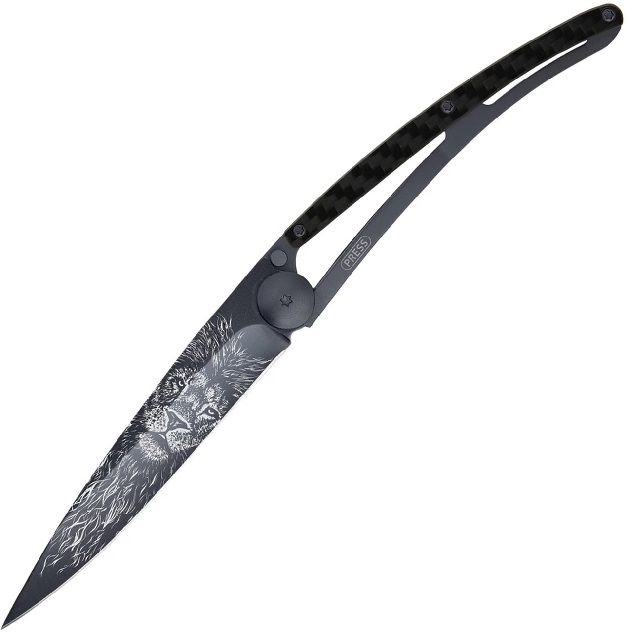 Deejo Knives Deejo 37g Tattoo Lion DEE1GC106, 3.75" Z40C13 Black Titanium Plain Blade, Carbon Fiber Handle 1 Deejo Knives Deejo 37g Tattoo Lion DEE1GC106, 3.75" Z40C13 Black Titanium Plain Blade, Carbon Fiber Handle