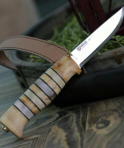 Helle Arv 14, 3.5" High Carbon Steel Drop Point Plain Blade, Ringed Birch and Bone Handle