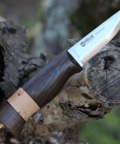 Helle Algonquin, Triple Laminated Stainless Steel, Darkened oak / Curly Birch / Leather Handles